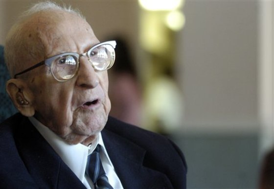 In this photo taken July 22, 2009, Walter Breuning talks about his life at the Rainbow Retirement Community in Great Falls Mont. Breuning believed to be the world's oldest man.
